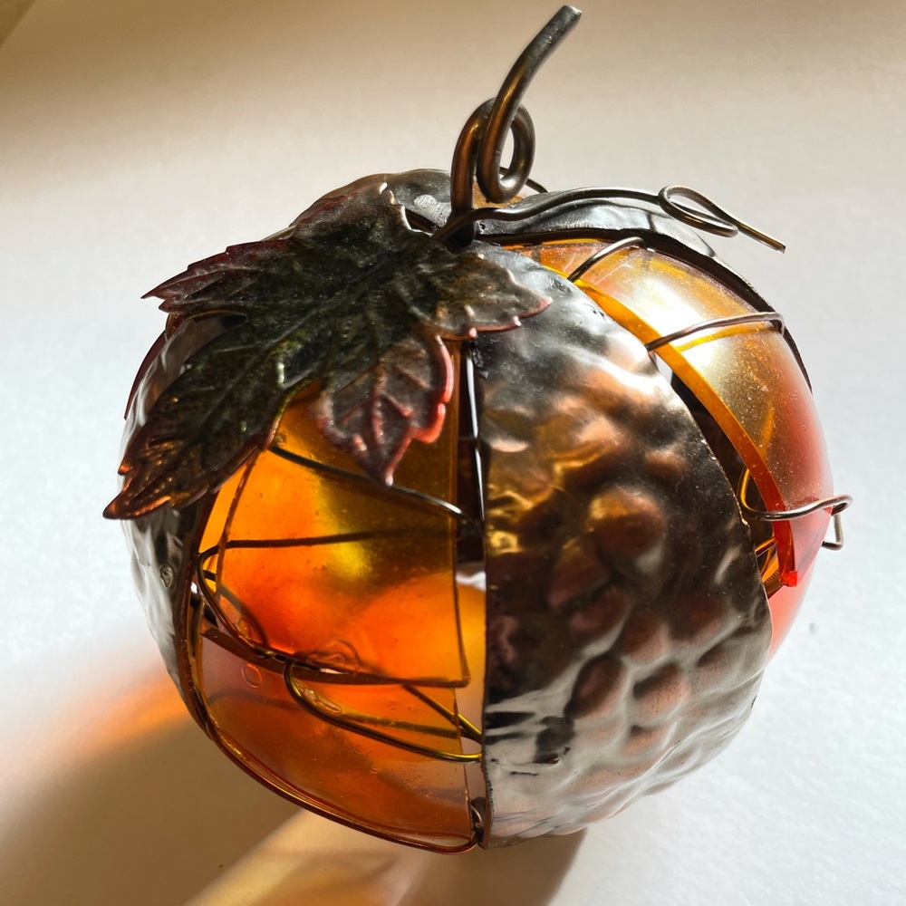 Pumpkin Candle Cover Metal Wire & Leaf Orange Panels Stained Glass Look